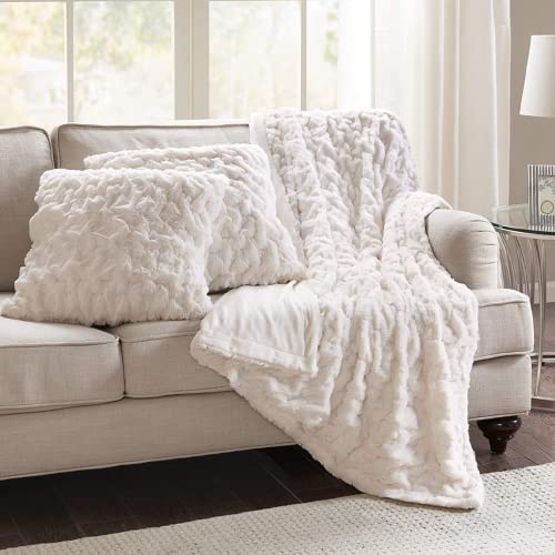 Comfort Spaces Ruched Faux Fur Plush 3 Piece Throw Blanket Set Ultra Soft Fluffy with 2 Square Pillow Covers, 50"x60", Ivory