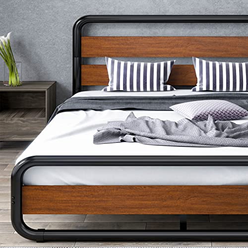SHA CERLIN Queen Size Bed Frame with Wooden Headboard and Footboard, Heavy Duty Oval-Shaped Platform Bed with Under-Bed Storage, Noise Free, No Box Spring Needed, Walnut
