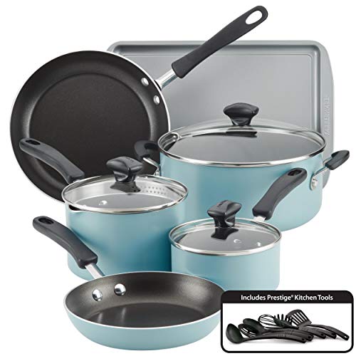 Farberware Cookstart DiamondMax Nonstick Cookware/Pots and Pans Set, Dishwasher Safe, Includes Baking Pan and Cooking Tools, 15 Piece - Aqua