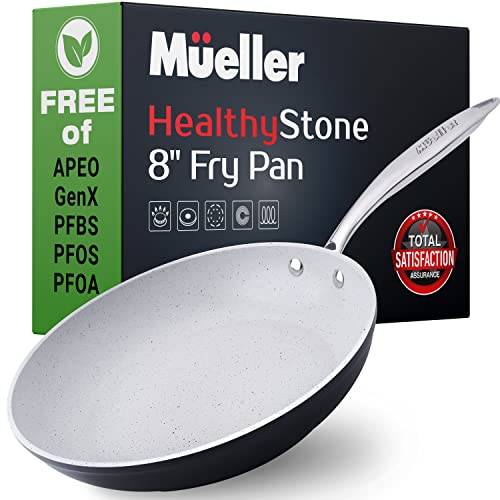 Mueller 8-Inch Non Stick Frying Pans, No PFOA or APEO, Heavy Duty German Stone Coating Cookware, Aluminum Body, EverCool Stainless Steel Handle,L. Grey