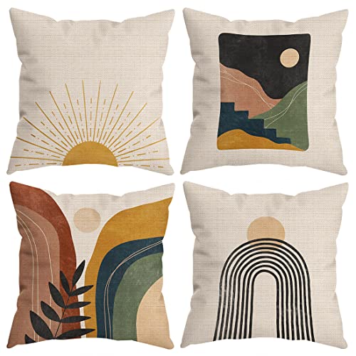 HUYAW Boho Abstract Sun Sunset Sunrise Line Rainbow Mountain Throw Pillow Covers, Boho Nature Gifts for Women, Nature Landscape Modern Art Pillow Cases 18 x 18 Inch Home Room Bed Sofa Decor Set of 4