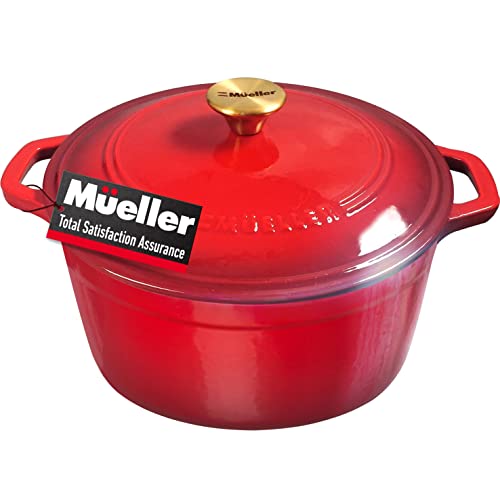 Mueller DuraCast 6 Quart Enameled Cast Iron Dutch Oven Pot with Lid, Heavy-Duty Casserole Dish, Braiser Pan, Stainless Steel Knob, for Braising, Stews, Roasting, Baking, Safe across All Cooktops, Red
