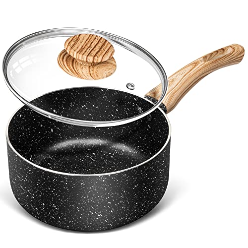 MICHELANGELO Small Saucepan with Lid, Nonstick Sauce Pan with Lid, Small Pot with Lid Nonstick, 1.5quart Saucepan with Stone Coating 1.5 Quart Small Saucepan with Lid, Ergonomic Bakelite Handle Black