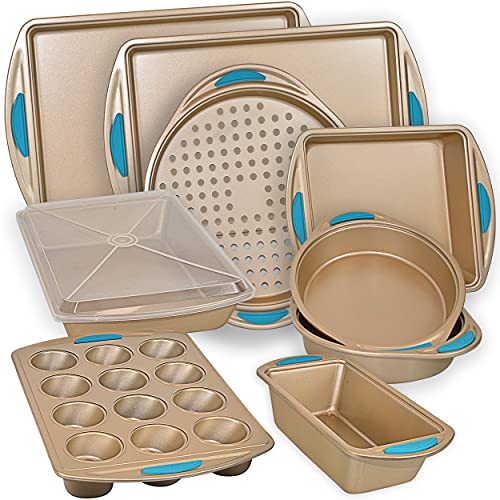 Baking Pan 10 Piece Set Nonstick Gold Steel Oven Bakeware Kitchen Set with Silicone Handles, Cookie Sheets, Round Cake Pans, 9x13 Pan with Lid, Loaf Pan, Deep Pan, Pizza Crisper, Muffin Pan by PERLLI