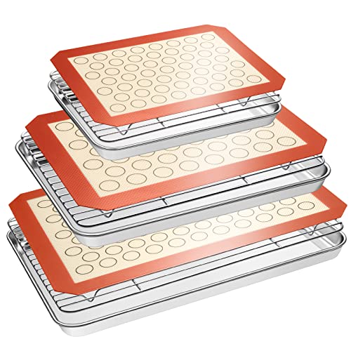 Baking Sheet Tray Cooling Rack with Silicone Baking Mat Set, Stainless Steel Cookie Pan with Cooling Rack For Oven, Set of 9 (3 Sheets + 3 Racks + 3 Mats), Warp Resistant & Heavy Duty & Easy Clean