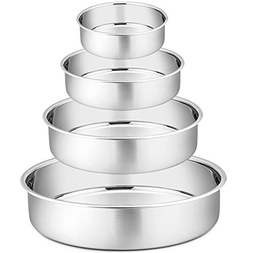 P&P CHEF Cake Pan Set - 4”, 6”, 8”, 9.5 4 Piece Round Baking Cake Pans Tin Stainless Steel, Oven/Pot/Dishwasher Safe, Heavy Duty & Non Toxic, Mirror Finish & Easy Clean