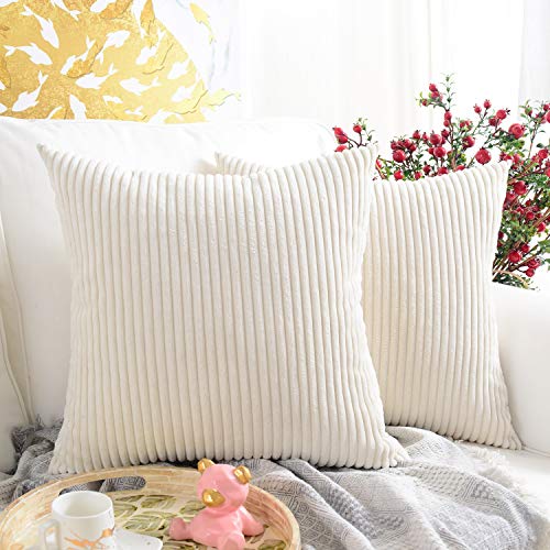 MERNETTE Pack of 2, Corduroy Soft Decorative Square Throw Pillow Cover Cushion Covers Pillowcase, Home Decor Decorations for Sofa Couch Bed Chair 16x16 Inch/40x40 cm (Striped Cream)