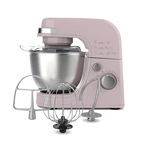 Hamilton Beach Electric Stand Mixer, 4 Quarts, Dough Hook, Flat Beater Attachments, Splash Guard 7 Speeds with Whisk, Rose