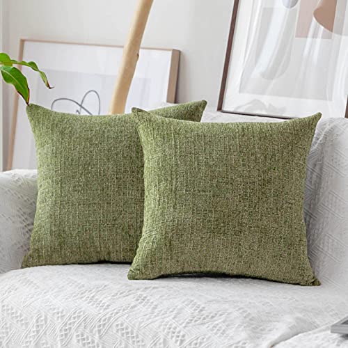 Home Brilliant Cushion Cover with Zipper for Bed Striped Supersoft Chenille Velvet Plush Decorative Throw Pillow for Couch Sofa Spring Decor, 2 Packs 18x18 inch (45cm), Fresh Grass Green