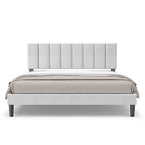 SWAGITLOUD Bonsoir Queen Size Bed Frame Modern Vertical Panel Upholstered Low Profile Platform with Tufted Headboard/No Box Spring Needed/No Skirt Needed/Linen Fabric Upholstery/Light Grey (YF001GRY)