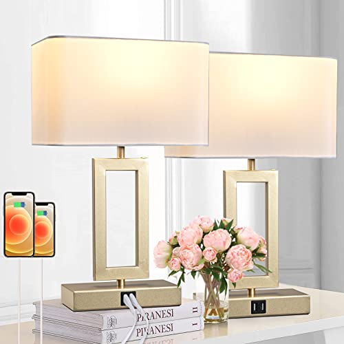 Set of 2 Table Lamps with Dual USB Ports,Touch Control Bedside Lamps Nightstand Lamps for Bedroom, 3-Way Dimmable Modern Desk Lamps Living Room Office, LED Bulbs Included, Gold&White