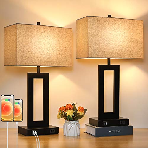 Set of 2 Touch Control Table Lamp with 2 USB Ports, 3-Way Dimmable Modern Nightstand Lamp Sets Bedside Touch Desk Lamp with Fabric Cream Shade For Bedroom Table Living Room Reading, LED Bulbs Included