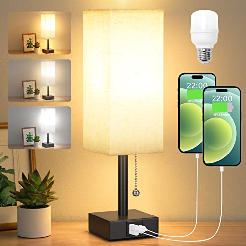 Aooshine Bedside Table Lamp with 3 Levels Brightness - 2700/3500/5000K Small Lamp with USB C+A Ports, Nightstand Light with 3 Color Modes by Pull Chain, Bedroom Lamp for Living Read(LED Bulb Included)