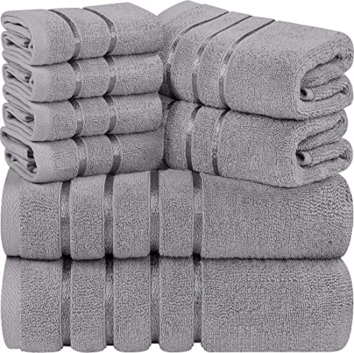Utopia Towels 8-Piece Luxury Towel Set, 2 Bath Towels, 2 Hand Towels, and 4 Wash Cloths, 600 GSM 100% Ring Spun Cotton Highly Absorbent Viscose Stripe Towels Ideal for Everyday use (Cool Grey)
