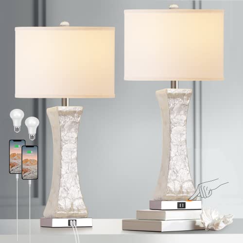 Set of 2 Touch Control Table Lamps, 28-inch Tall Coastal White Bedside Lamp with 2 USB Ports, 3-Way Dimmable Capiz Shell Nightstand Lamp with Drum Shade for Living Room, Bedroom (LED Bulbs Included)