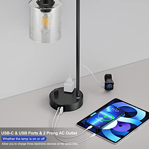 Industrial Bedside Table Lamp for Bedroom - Nightstand Lamps with USB C Charging Port, Fully Dimmable Black Lamps with USB Ports and Outlets, Small Desk Lamp with Glass Shade for Office Living Room