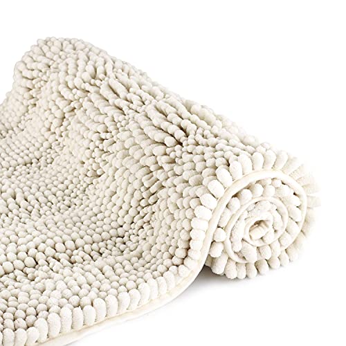 TENGTENGLINK Bath Mats for Bathroom White,Thick Soft Chenille Floor Mats,16x24 Inches Non Slip Shower Mats Ultra Water Absorbent Doormat.-Ivory White