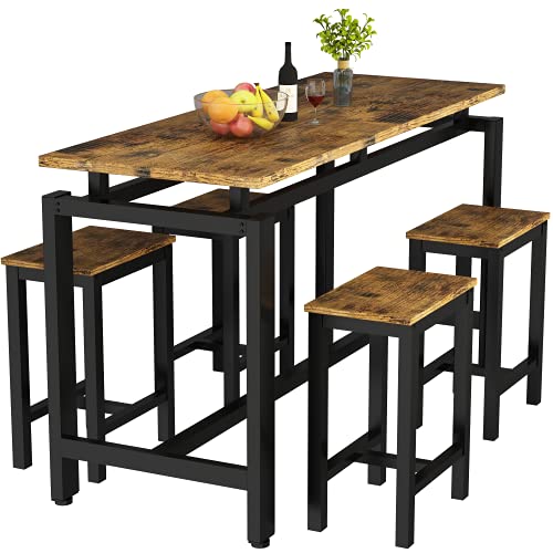 MIERES Dining Table Set for 4 - 5pcs Kitchen Counter with Bar Stools, Sturdy Metal Frame Home | Pub | Living Room | Breakfast Nook Furniture-34.7"H, Vintage Brown