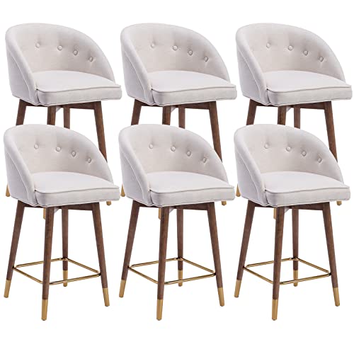 Guyou 360 Degree Swivel Counter Height Bar Stools with Tufted Back Set of 6, Mid-Century Modern Fabric Kitchen Island Chair Stools with Wood Legs and Gold Footrest for Home Bar Dining Room (Cream)