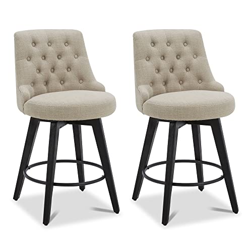Watson & Whitely Modern Swivel Bar Stools, Performance Fabric Upholstered Counter Height Bar Stool with Back, Solid Wood Legs, 26" H Seat, Set of 2, Tan