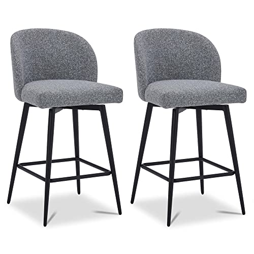 Watson & Whitely Counter Height Bar Stools Set of 2, 360° Swivel Upholstered Barstools with Backs and Metal Legs, 26" H Seat Height, Fabric in Grey (Multi-Colored)
