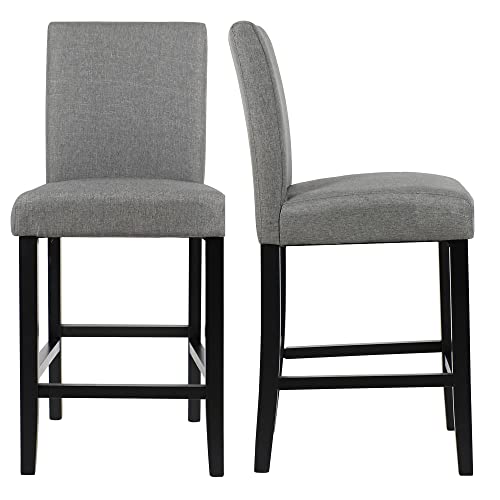 GOTMINSI Counter Height Bar Stool, Classic Upholstered 24 Inches Counter Height Stools Set of 2 barstools with Solid Wood Legs and Grey Fabric