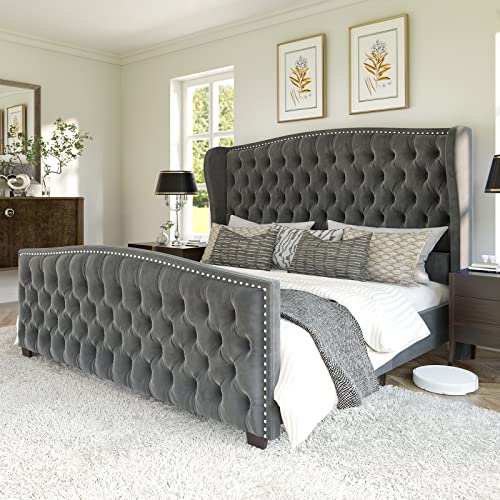 AMERLIFE King Size Platform Bed Frame, Velvet Upholstered Bed with Deep Button Tufted & Nailhead Trim Wingback Headboard/No Box Spring Needed/Grey (BF-02D1)