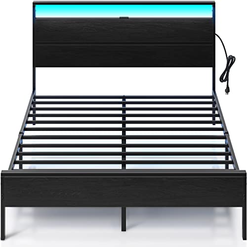 Rolanstar Bed Frame with Charging Station, Queen Bed Frame with LED Lights Headboard, Metal Platform, Strong Metal Slats Support, 10.2” Under Bed Storage Clearance, No Box Spring Needed, Noise Free