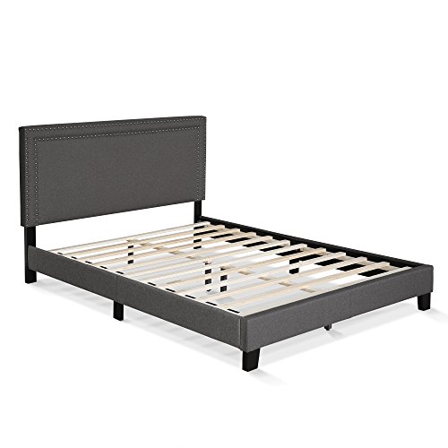 Furinno Laval Double Row Nail Head Upholstered Platform Bed Frame, Queen, Stone