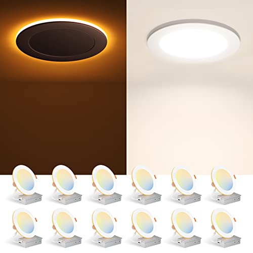 BBOUNDER 12 Pack 6 Inch 5CCT LED Recessed Ceiling Light with Night Light, 2700K/3000K/3500K/4000K/5000K Selectable Ultra-Thin Recessed Lighting, 12W=110W, 1100LM, Canless Wafer Downlight - ETL&FCC