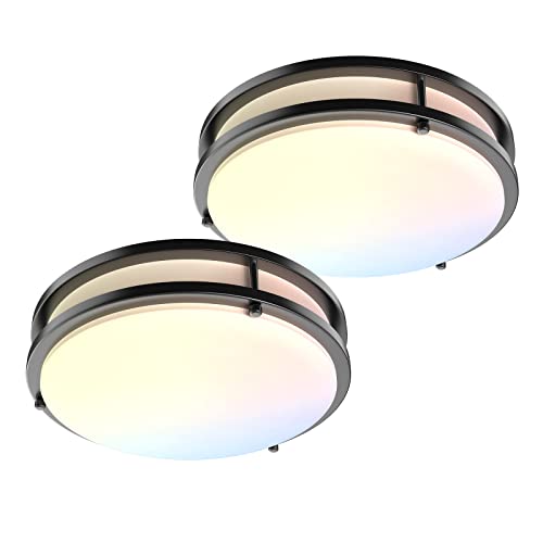 LED Flush Mount Ceiling Light Fixture,13inch 40W[500W Equiv] 4000lm Dimmable Kitchen Light Fixtures, 3000K/4000K/5000K Black Ceiling Lamps for Bedroom, Bathroom, Hallway, Laundry, Stairwell-2Pack