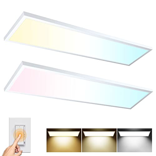 AIKVSXER 1x4 LED Flat Panel Light Surface Mount LED Ceiling Light, 5500LM 50W TRIAC 10-100% Dimmable, 3000/4000/5000k Selectable 4FT LED Kitchen Ceiling Light Fixtures for Garage/Laundry/Closet 2PACK