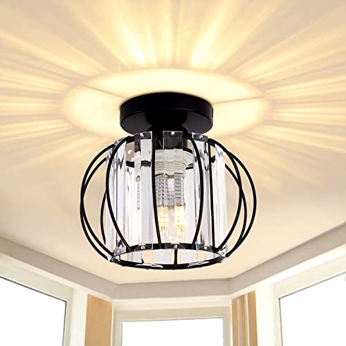 TISLYCO Industrial Black Semi Flush Mount Ceiling Light Fixture, Modern Close to Ceiling Light, Mini Crystal Chandeliers Fixtures Ceiling Lamp for Hallway Porch Entryway Foyer Bathroom Stairwell