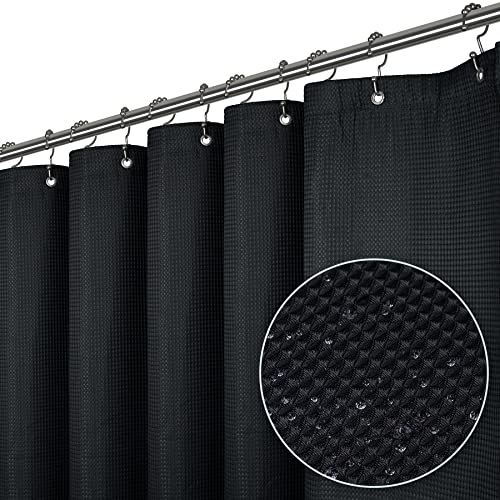 LiBa Waffle Weave Fabric Black Shower Curtain, 72” W x 72” H Water Repellent & Heavyweight, Hotel Quality & Machine Washable Cloth Linen Shower Curtains Set and Shower-Liner for Bathroom