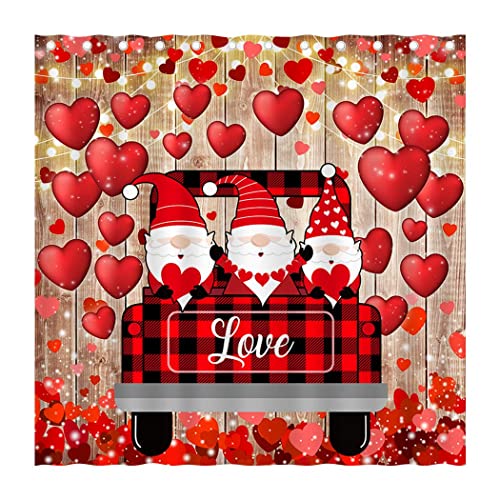 Juirnost Valentines Day Shower Curtain Romantic Truck Gnomes Shower Curtain for Bathroom Red Falling Hearts Vintage Wood Bathroom Bathtubs Decor with 12 Hooks Waterproof Washable Fabric 72" x 72"