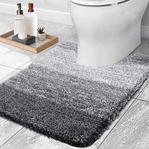 OLANLY Luxury Toilet Rugs U-Shaped, Extra Soft and Absorbent Microfiber Bathroom Rugs, Non-Slip Plush Shaggy Bath Mat, Machine Wash Dry, Contour for Base, 24x20, Grey