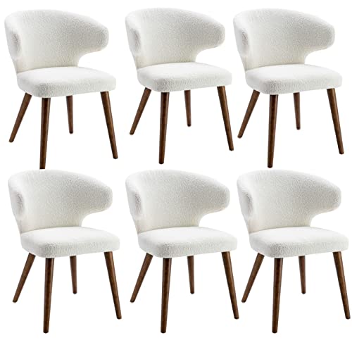 HNY Mid Century Modern Dining Chairs Set of 6, Upholstered Curved Wingback Accent Arm Chairs, Faux Sherpa Side Chairs with Solid Wood Legs, White, 6pk-white