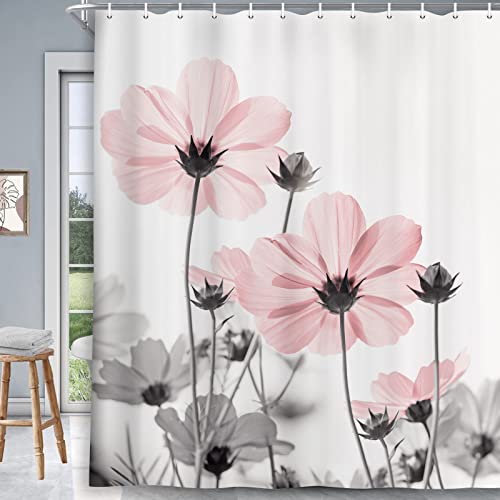 MERCHR Unique Floral Pink Shower Curtain for Bathroom Decor, Pink and Grey Daisy Flower Elegant Wildflower Design Farmhouse Shower Curtains with Hooks Set, 71 X 84 Inches