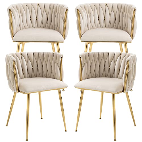 Nrizc Velvet Dining Chairs Set of 4, Woven Upholstered Dining Chairs with Gold Metal Legs, Modern Accent Chairs for Living Room, Dining Room, Kitchen
