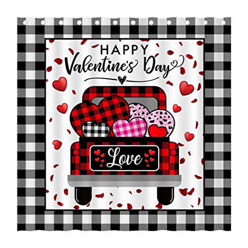 Juirnost Happy Valentine's Day Buffalo Check Plaid Shower Curtain Farmhouse Love Truck Red Hearts Home Decor Shower Curtains for Bathroom Bathtub Durable Waterproof Fabric with 12 Hooks 72" x 72"