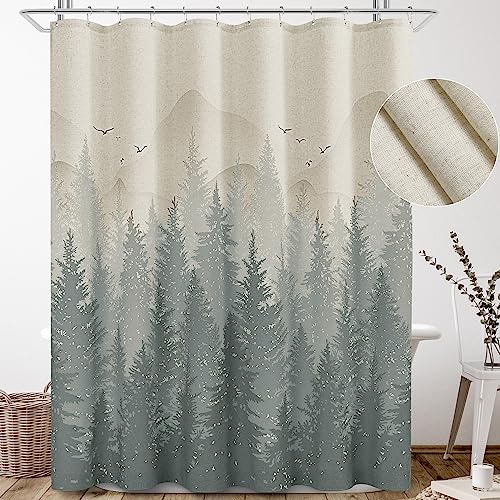 SMABU Grey Linen Mountain Shower Curtain Rustic Cream Linen Fabric Shower Curtain with Hooks Grey and Beige Cloth Shower Curtain Gray Misty Forest Tree Nature Scene Shower Curtains for Bathroom, 72x72