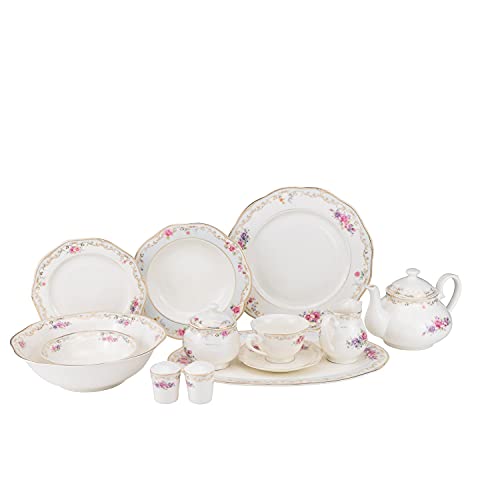 Royalty Porcelain Romantic Dinner Set 57 pc with Tiny Flowers, Bone China, white, pink