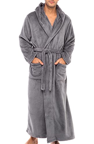 Alexander Del Rossa Men’s Robe, Plush Fleece Hooded Bathrobe with Two Large Front Pockets and Tie Closure, Steel Gray, Large-X-Large