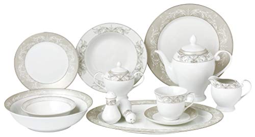 Lorren Home Trends Olympia-57 57 Piece Silver Border Porcelain Dinnerware Set-Service for 8-Olympia-Mix and Match, One Size, White