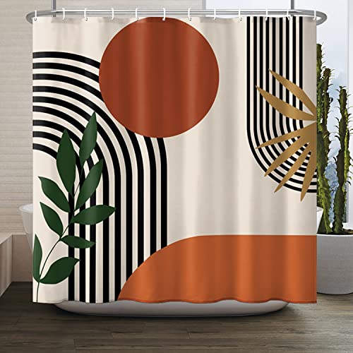 Mid Century Modern Shower Curtain Abstract Minimalist Neutral Boho Shower Curtains for Bathroom Geometric Arch Plant Leaf Sun Decorative Weighted Shower Curtain Set with Hooks Beige, 72x72 Inch