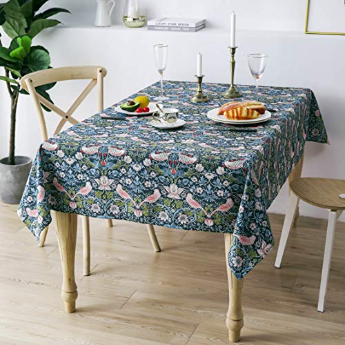 Obal William Morris Tablecloth Original Design Green Table Cloth for Rectangle Tables Wipeable Polyester Fabric Table Cover Kitchen Dinning Decorations Washable, 91"x55" (Strawberry Thief)