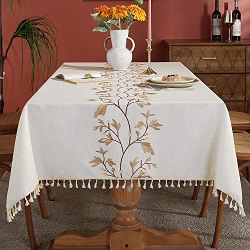 Laolitou Cotton Linen Table Cloth for Dining Table Farmhouse Kitchen Rectangle Tablecloth Coffee Table Cover, Beige, Coffee Flower, 55x70 Inch