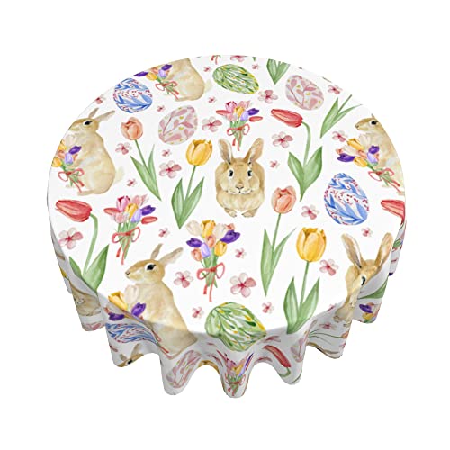 Spring Tulip Rabbits Egg Watercolor Table Cloth Round Tablecloth Cover Stain and Water Resistant Washable Dining Decorative for Holiday Home Party Picnic Decoration 60in