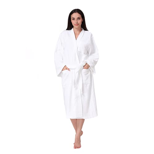 Acanva Women's & Men's Terry Robe Plush Cotton Spa Kimono Bathrobe, Medium, White