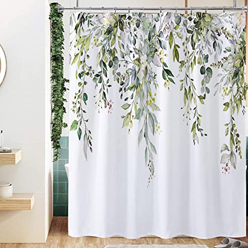 Nuseiis Sage Green Eucalyptus Shower Curtain, Watercolor Plant Leaves Shower Curtain with 12 Hooks, Decorative Botanical Shower Curtain 72 x 72 Inch